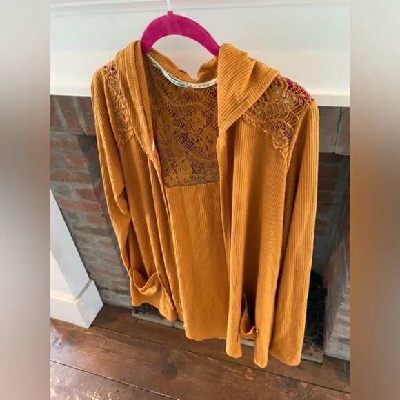 Maurice’s Large Mustard Yellow Hooded Lace Insert Cardigan Long Sleeve Autumn - Picture 3 of 6
